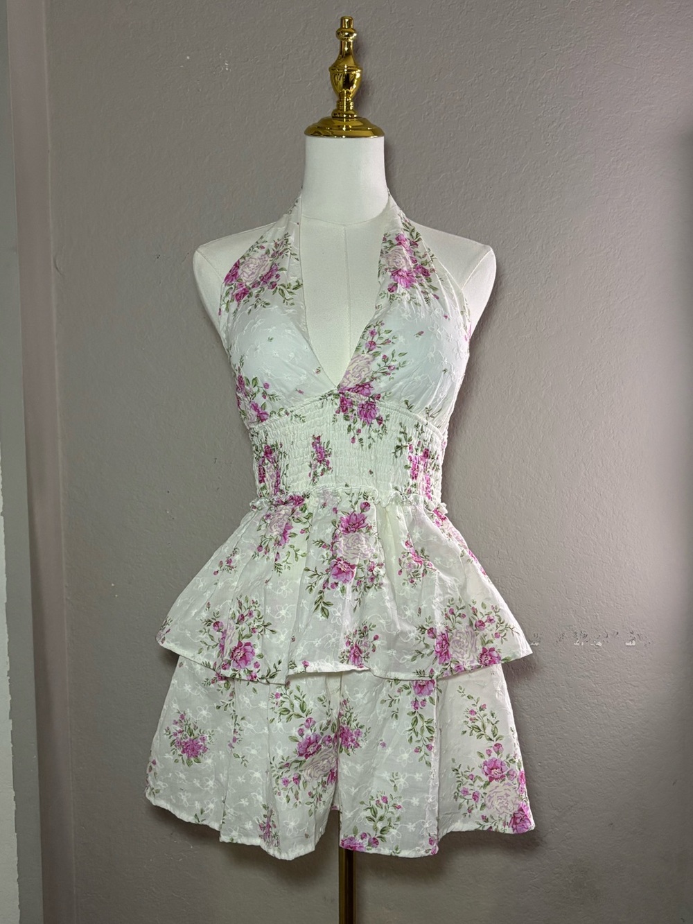 White Floral Halter Tiered Mini Dress
